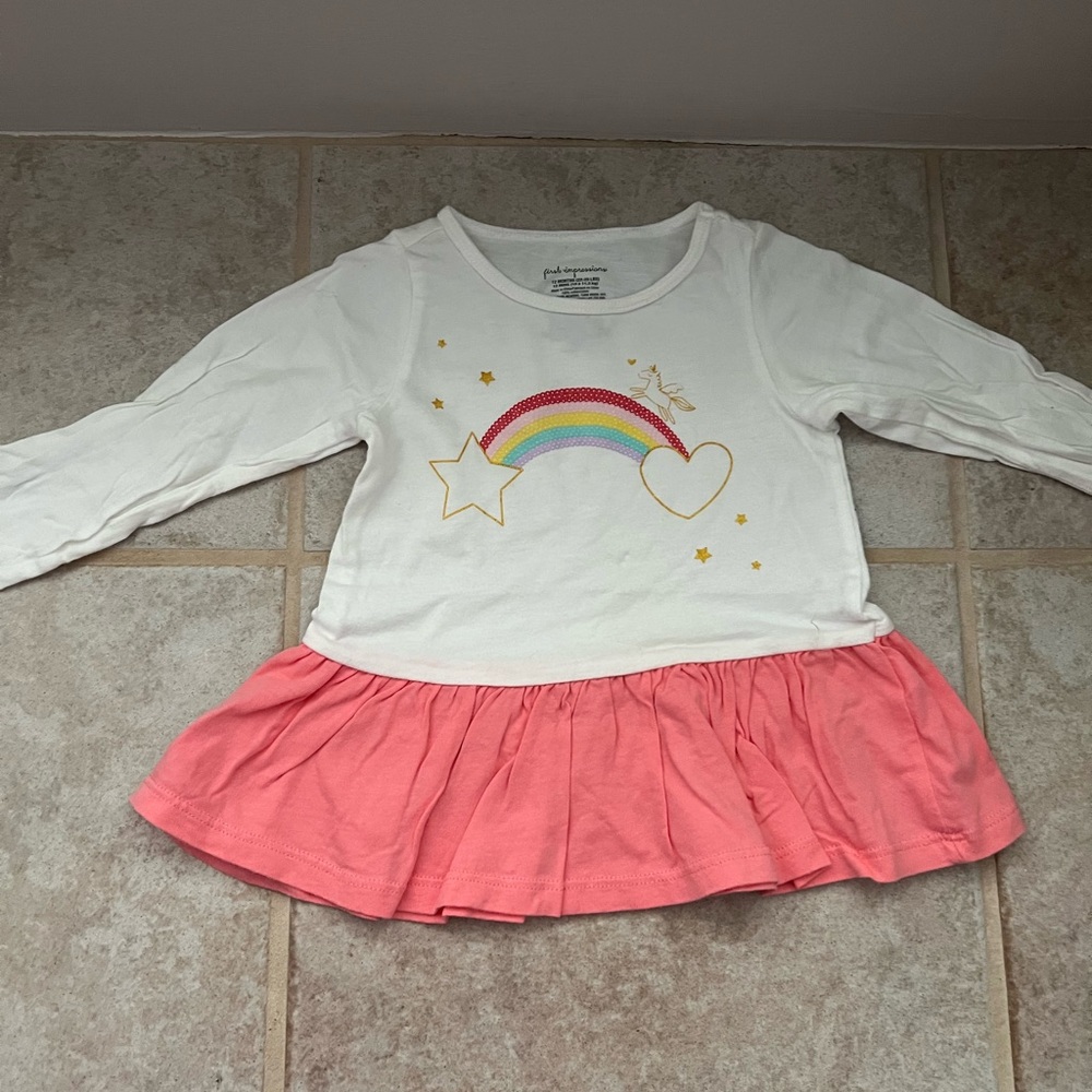 Baby girl 12 months White and Pink Rainbow unicorn peplum long sleeve Top